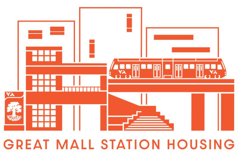 Orange outline of a transit station and three apartment buildings behind it with VTA Great Mall Station written underneath